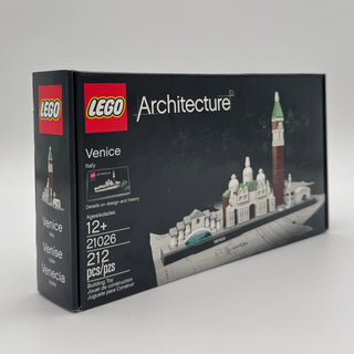 LEGO Architecture Venice set box showing assembled skyline model with basilica and bell tower on display base.