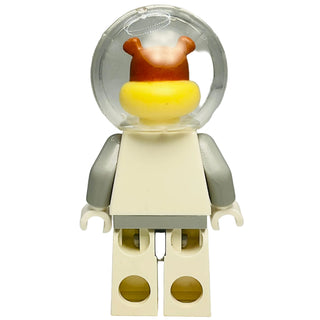 LEGO Sandy Cheeks minifigure with brown ears, yellow torso, white legs, gray arms, and clear dome head.