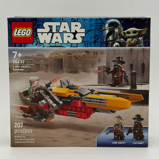 LEGO Star Wars set 75437 box featuring yellow and red speeder vehicle with minifigures on desert backdrop.