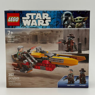 LEGO Star Wars set 75437 featuring red and yellow speeder with minifigures on desert background.