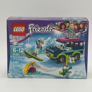 LEGO Friends set 41321 box showing green and black off-road vehicle, minifigure with skis, and snow-themed accessories.