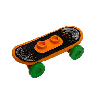 LEGO® Minifigure Utensil Skateboard Deck with Flowers and Arcs on Black Pattern (Sticker) with Yellow Wheels, Part# 42511c02pb32