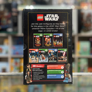 LEGO Star Wars box set featuring seven game cases displaying Episodes I-VII with minifigures and DK Readers learning content 