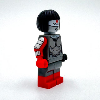 LEGO minifigure with black bob-cut hair, white face with red markings, gray armored torso, red arm piece, and red legs.