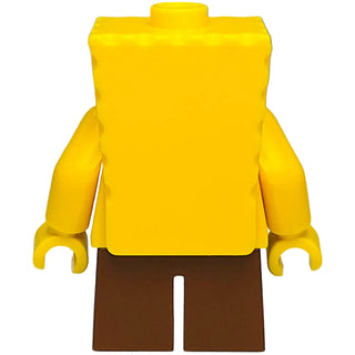 Yellow LEGO minifigure with square head, yellow body and arms, brown shorts with white stripe.