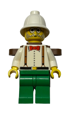 Dr. Kilroy / Dr. Charles Lightning - White Shirt and Suspenders, Green Legs, White Pith Helmet, Brown Backpack, adv040 - LEGO® Adventurers Minifigure