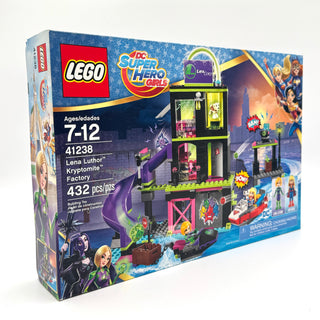 LEGO DC Super Hero Girls Lena Luthor Kryptomite Factory set 41238 with three-story building, minifigures, and accessories.