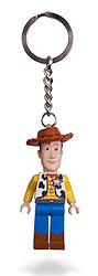 LEGO Woody minifigure with cowboy hat, yellow plaid shirt, and blue pants attached to metal keychain ring.