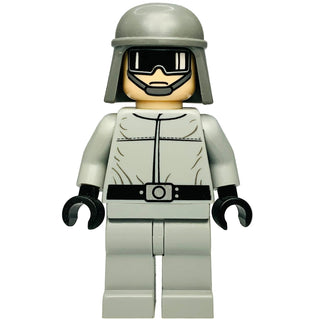 LEGO minifigure with gray helmet, black visor, tan face, light gray torso with chest detail, black belt, and black hands.