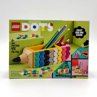 LEGO DOTS pencil holder with wooden base, colorful dot tiles, and pencils displayed in the holder.