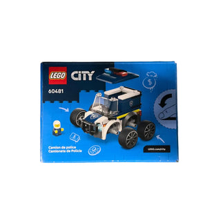 LEGO City police truck set 60481 with minifigure and instruction images on blue package.
