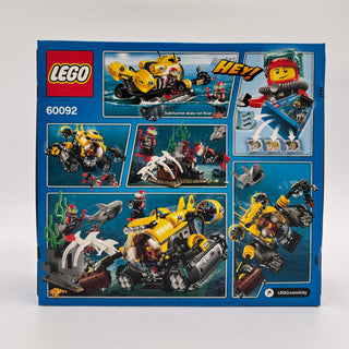 LEGO City Deep Sea Submarine set 60092 box showing yellow submarine, minifigures, and underwater exploration scenes.