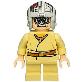 LEGO minifigure with yellow torso and legs, white and red helmet, black facial markings, and brown belt.