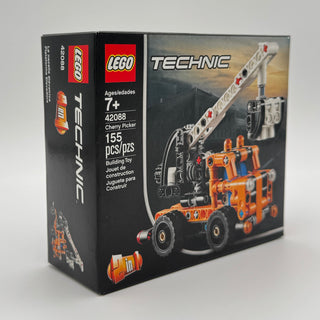 LEGO Technic Cherry Picker set 42088 box showing orange and black construction vehicle with extendable boom arm.