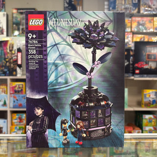 LEGO Wednesday Black Dahlia Flower set box showing purple flower build with stem and leaves on stand.