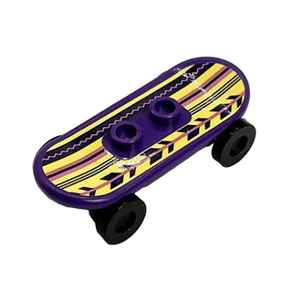 LEGO® Minifigure Utensil Skateboard Deck with Bright Pink and Black Stripes, Lines, Zigzags and Chevrons on Bright Light Yellow Background Pattern (Sticker) with Black Wheels, Part# 42511c01pb37
