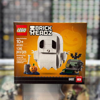 LEGO BrickHeadz Ghost set 40351 box with white ghost figure and Halloween accessories.