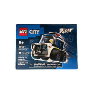 LEGO City Police Truck set 60481 box showing blue and white buildable police vehicle with 71 pieces for ages 5+.