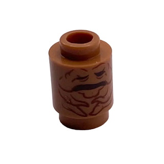 Brick, Round 1 x 1 with Reddish Brown Mandrake Face and Closed Mouth Pattern, Part# 3062pb066 Part LEGO® Medium Nougat