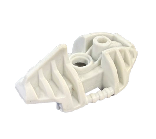 White plastic Bionicle leg armor piece with ribbed texture and connector ports.