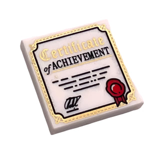 Tile 2x2 with 'Certificate of ACHIEVEMENT', Gold Border, Red Ribbon Pattern, Part# 3068pb1209 Part LEGO® White