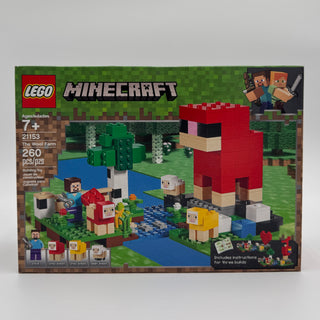 LEGO Minecraft The Wool Farm set 21153 box showing 260 pieces with farm scene, characters, and red wool structure.