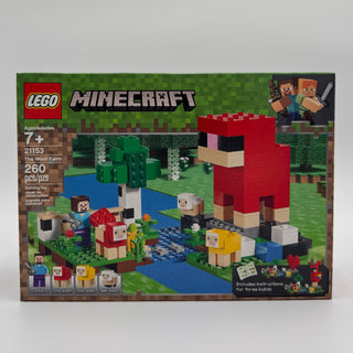 LEGO Minecraft The Wool Farm set box showing 260 pieces with pixelated farm scene, characters, and red wool structure.