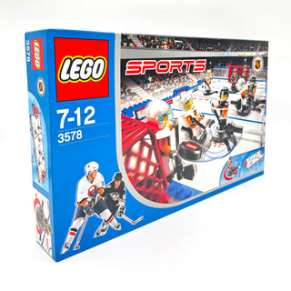 LEGO Sports NHL Championship Challenge set 3578 with hockey rink, player minifigures, and red goal structure on blue box pack