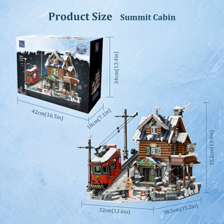 Log cabin miniature building set with snow-covered roof, red train car, and power lines on base.