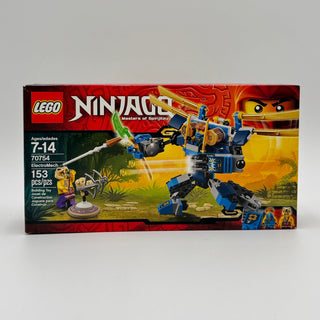 LEGO Ninjago ElectroMech set box 70754 featuring a blue and yellow mechan robot with minifigures and accessories.