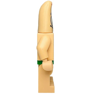 Pink LEGO minifigure with pointed head, black eye, tongue protruding, green waistband, and rounded body.