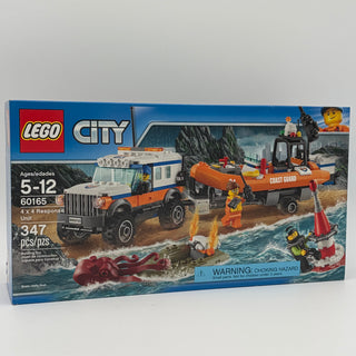 LEGO City 4x4 Response Unit set box showing orange jeep, coast guard boat, minifigures, and accessories on beach scene.