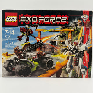 LEGO Exo-Force set 7705 box showing red robot mech, white mech, yellow crane, and vehicle with 402 pieces for ages 7-14.