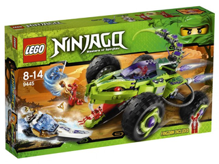 LEGO Ninjago set 9445 box featuring green truck vehicle, ninja minifigures, and Fangpyre serpent design.
