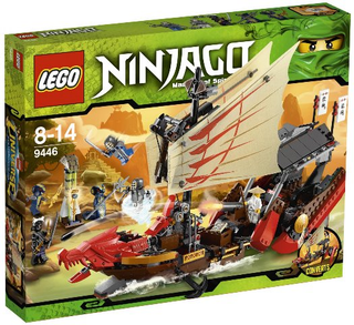 LEGO Ninjago Destiny's Bounty set 9446 box featuring green design with red ship and ninja minifigures.