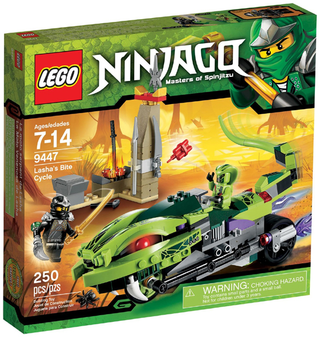 LEGO NINJAGO 9447 Lasha's Bite Cycle empty box with green and black motorcycle and minifigure artwork.