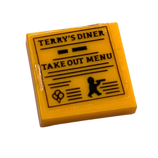 Tile 2x2 with 'TERRY'S DINER' and 'TAKE OUT MENU' Pattern (Sticker), Part# 3068pb2229 Part LEGO® Bright Light Orange Very Good