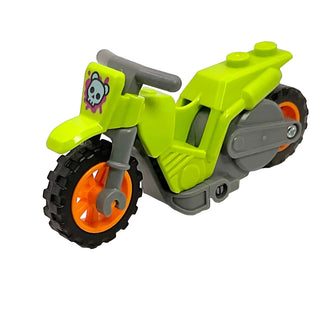 Stuntz Flywheel Motorcycle Dirt Bike with Dark Bluish Gray Frame, Orange Wheels, and Dark Bluish Gray Handlebars with Metallic Light Blue Bear Skull on Magenta Splotch Pattern, Part# 75522pb03c01