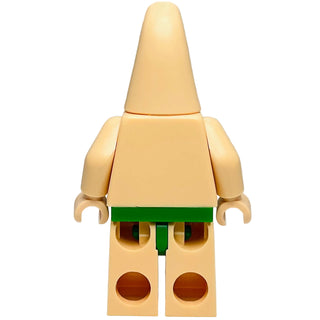 LEGO minifigure with tan cone-shaped head, tan body, green waistband, and tan legs with brown spots.