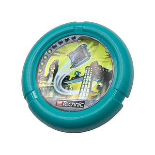 Throwing Disk with Throwbot Turbo / Slizer City 4 Pips, Logo, and Flying Box in City Pattern, Part# 32171pb021 Part LEGO® Dark Turquoise