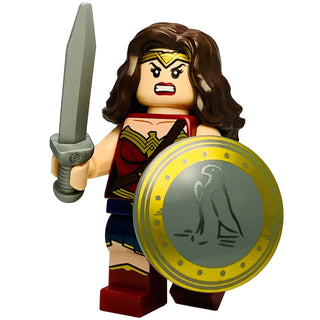 LEGO minifigure of Wonder Woman with brown hair, yellow tiara, red and gold costume, holding a gray sword and yellow shield w
