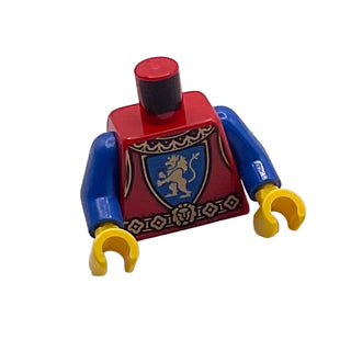 Torso Castle Surcoat, Gold Collar and Belt, Lion with Raised Foot on Blue Shield Emblem Pattern / Blue Arms / Yellow Hands, Part# 973pb4841c01 Part LEGO® Red