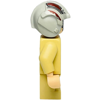 LEGO minifigure with white helmet featuring red markings and yellow torso with tan arms.