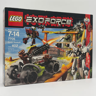 LEGO Exo-Force Gate Assault set 7705 box showing red and white robot mech, yellow vehicle, and fortress structure with 402 pi