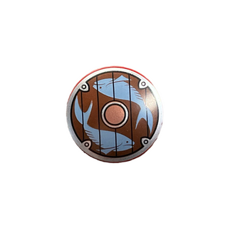 Shield Circular / Round Convex Face with Silver Border, Copper Center, and Sand Blue Fish on Dark Brown Wood Background Pattern, 75902pb04 Part LEGO®