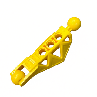 Yellow Bionicle Rahkshi leg lower section with spherical joint end and three circular connection ports.