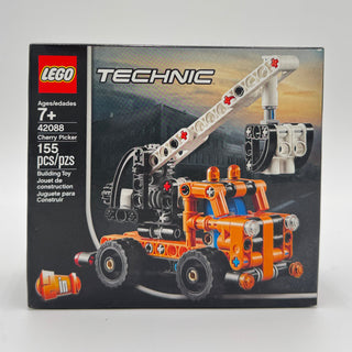LEGO Technic Cherry Picker set 42088 box showing orange and black construction vehicle with articulated boom arm and red cher
