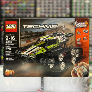LEGO Technic RC Tracked Racer set 42065 box showing lime green and black tracked vehicle with remote control.