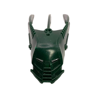 Green and gray Bionicle Mask Tarduk with curved horns and angular face design.