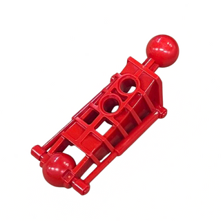 Red plastic Bionicle leg component with spherical joint connectors at each end and circular attachment ports.